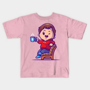 Cute Boy Drink Hot Coffee On Chair Cartoon Kids T-Shirt